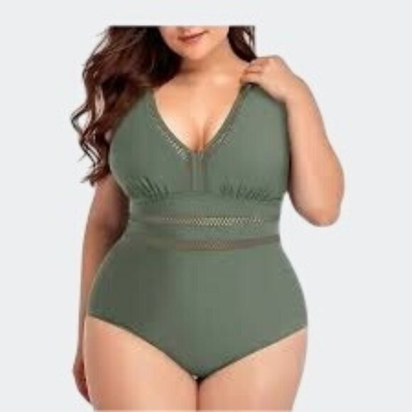 Daci Olive Green One-Piece Swimsuit With Adjustable Straps & Waist Detail 20W - Picture 1 of 15